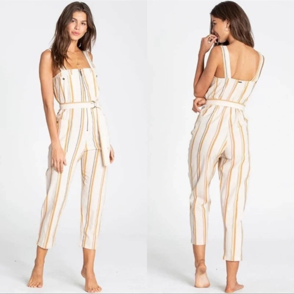 Billabong Striped Linen Jumpsuit in White and Tan - Picture 3 of 11